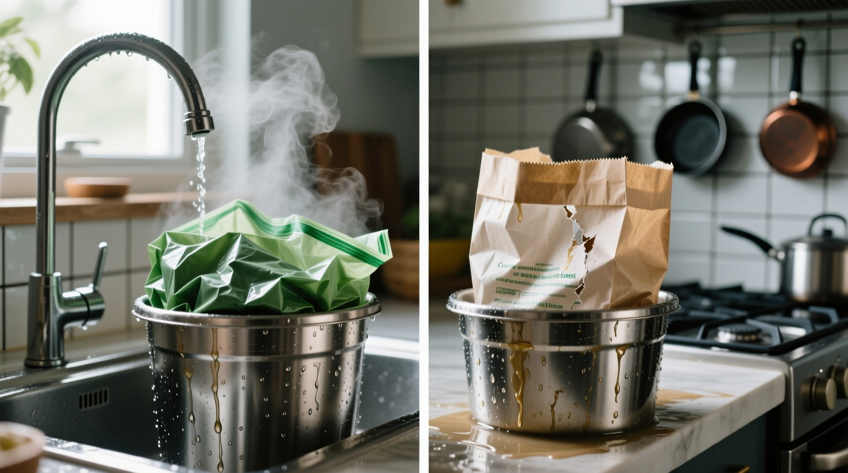 compostable vs unbleached bags in humid kitchens