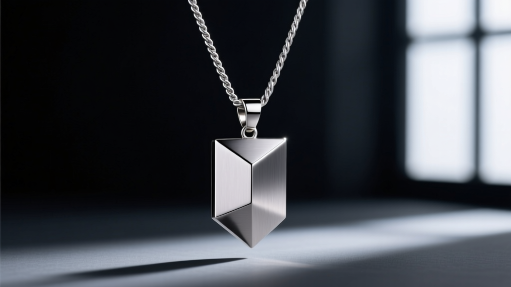 Brushed titanium pendant on a matte silver titanium rope chain, lit by dramatic side lighting against a dark studio backdrop.