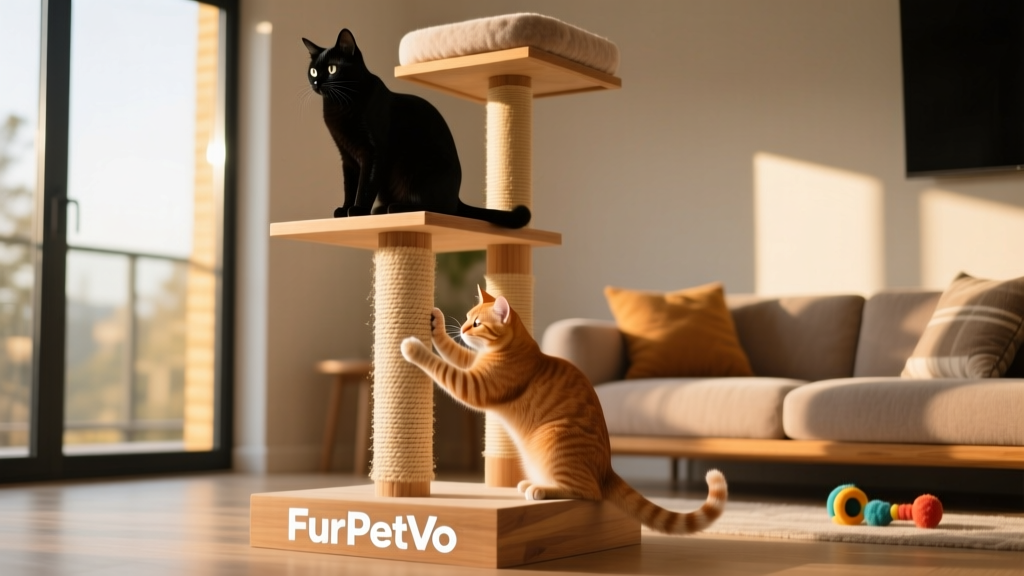 A multi-level FurPetVo cat tree with a cat perched on top and another scratching the sisal post below