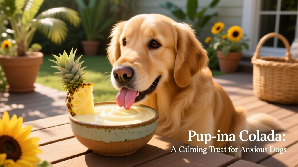A cheerful golden retriever licking a creamy, pale-yellow smoothie from a shallow ceramic bowl outdoors