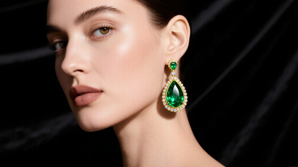 Model wearing 18k yellow gold emerald dangle earrings with pear-cut Zambian stones and diamond accents against dark velvet backdrop