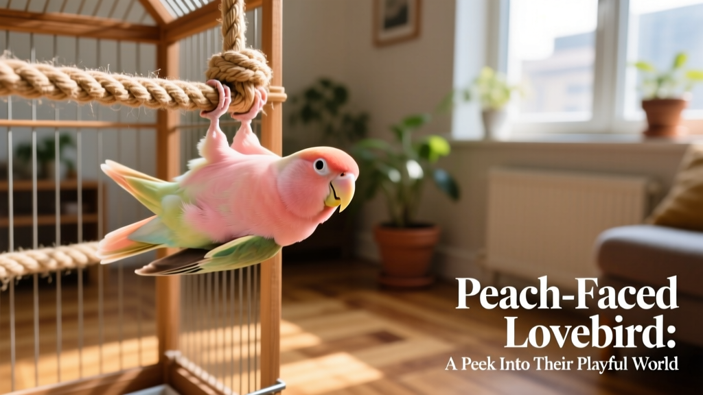 Peach-faced lovebird playfully swinging upside-down from a rope toy inside its cage