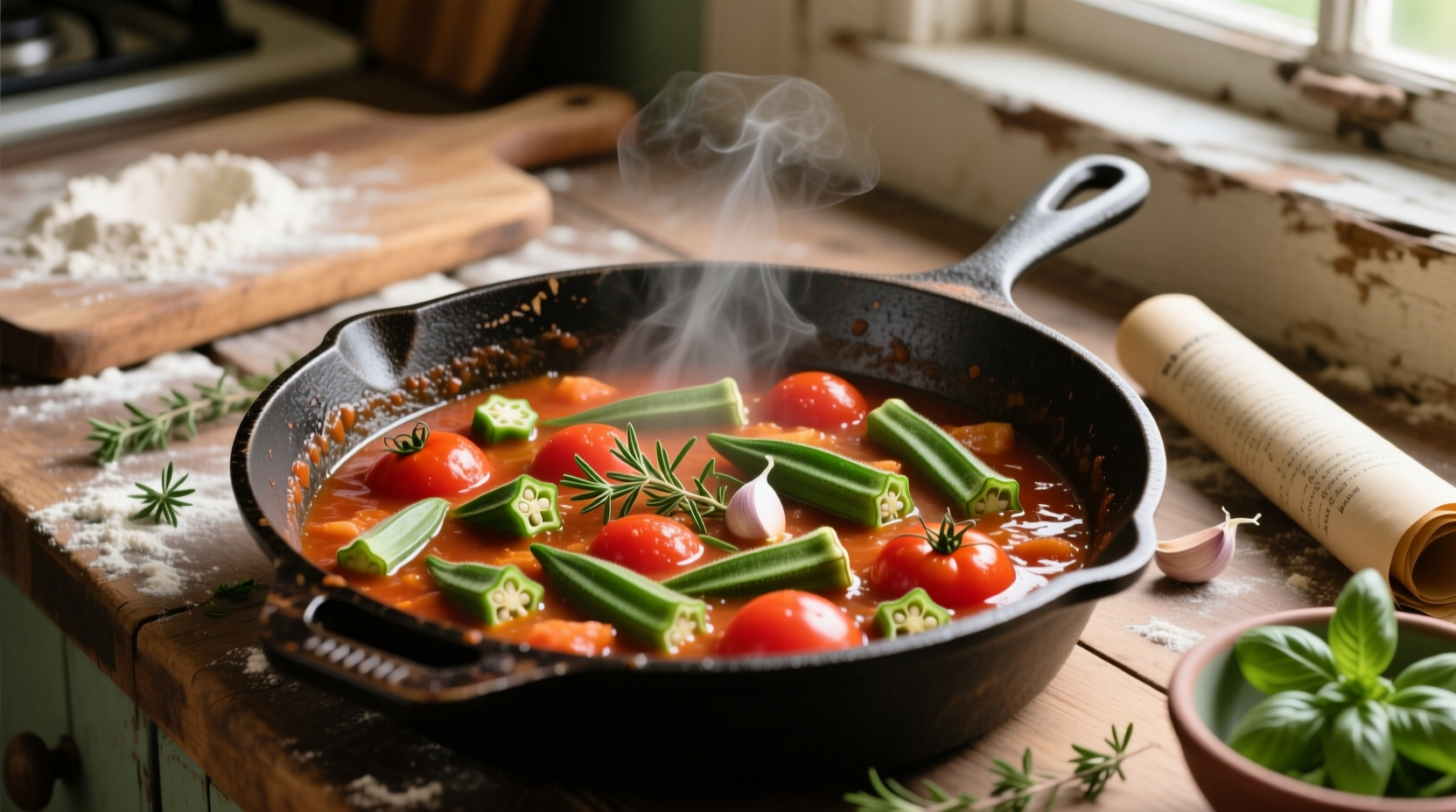 Tomato and okra stew in cast iron skillet