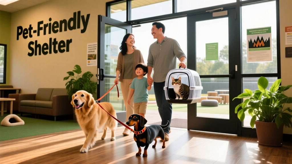 Family with two dogs and a carrier holding a cat entering a brightly lit recreation center marked 'Pet-Friendly Shelter'