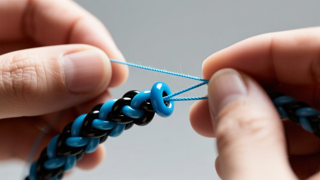 Hands pulling Fireline thread taut through a tubular herringbone base, demonstrating proper tension control for a braided beaded rope.