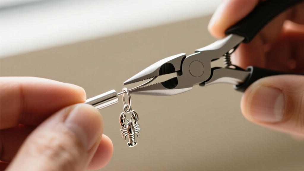 Hands using micro crimping pliers to fold a 2mm sterling silver tube crimp bead over a wire loop near a silver lobster clasp.