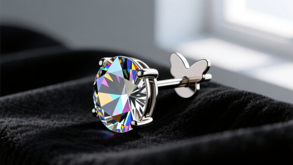 Close-up of a crystal statement earring on black velvet showing a thick 18-gauge steel post and a secure silicone butterfly back.