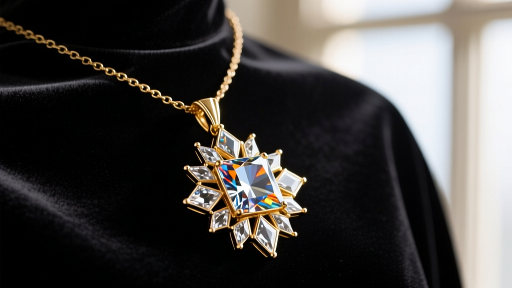 Close-up of an Art Deco Downton Abbey necklace replica with a sunburst cubic zirconia pendant resting on dark velvet fabric