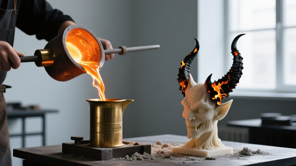 Jeweler pouring molten brass into a casting flask with a burned-out wax demon horn model, glowing orange metal visible.