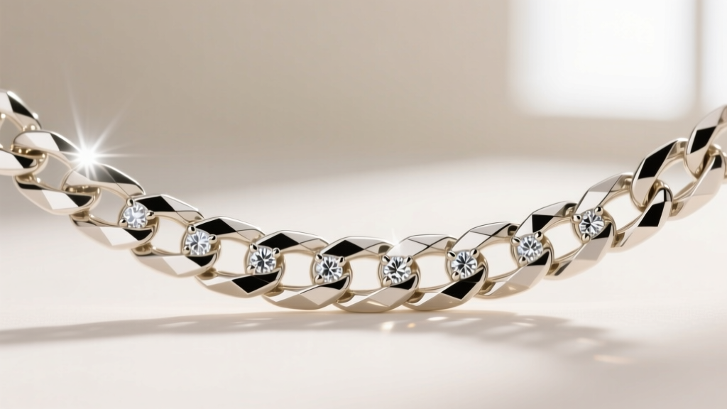 Macro photography of a diamond-cut 14k white gold chain catching a camera flash, showing sharp faceted light reflections in studio