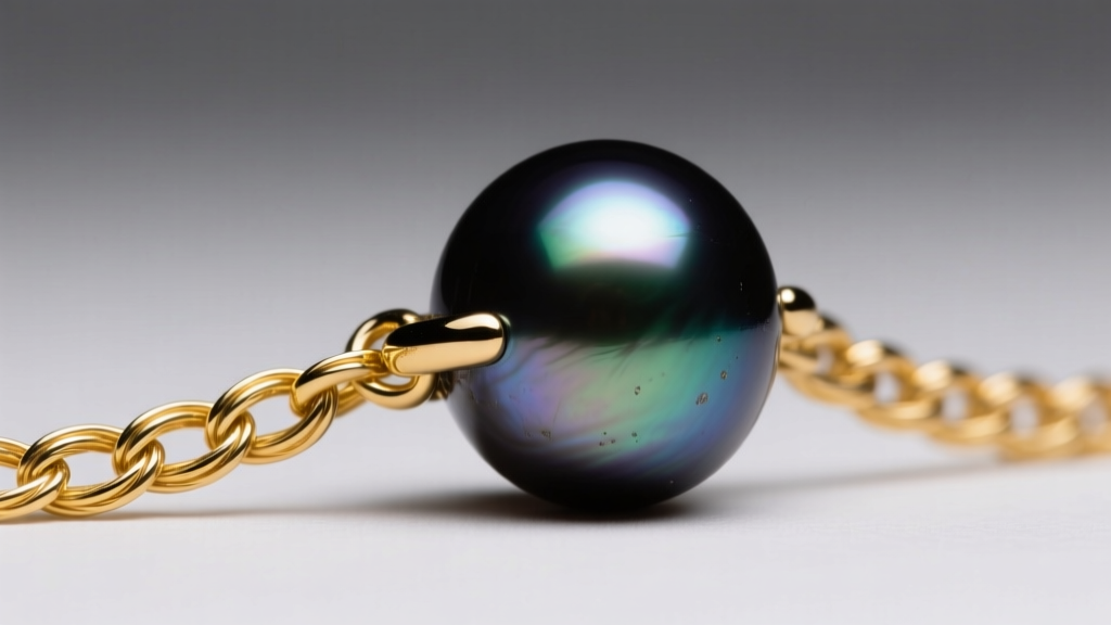Macro photography of a 14mm Tahitian black pearl functioning as a friction-fit clasp on a 14k gold cable chain, studio lighting