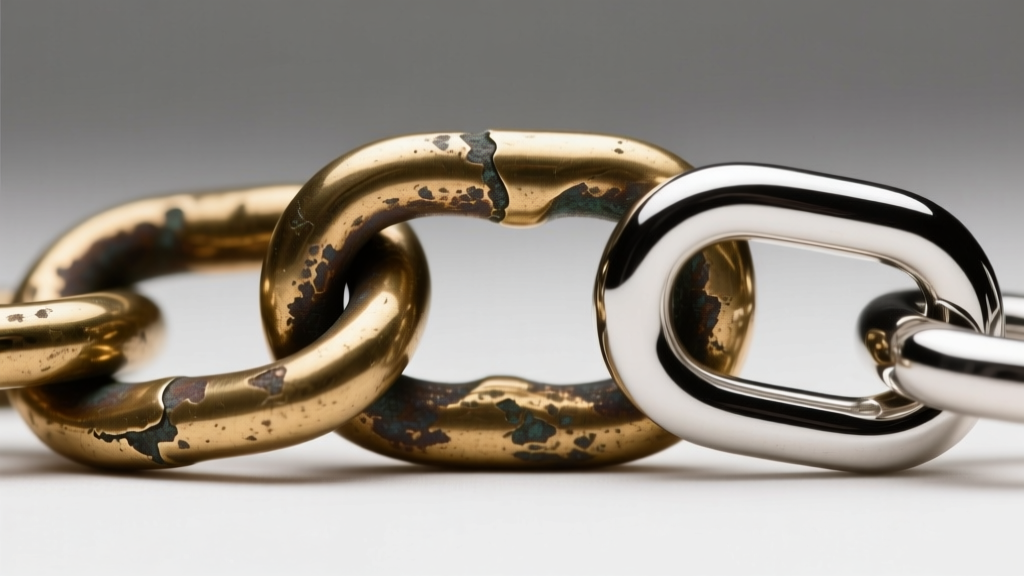 Macro shot comparing a tarnished brass chain link to a pristine rhodium-plated sterling silver link under bright studio lighting