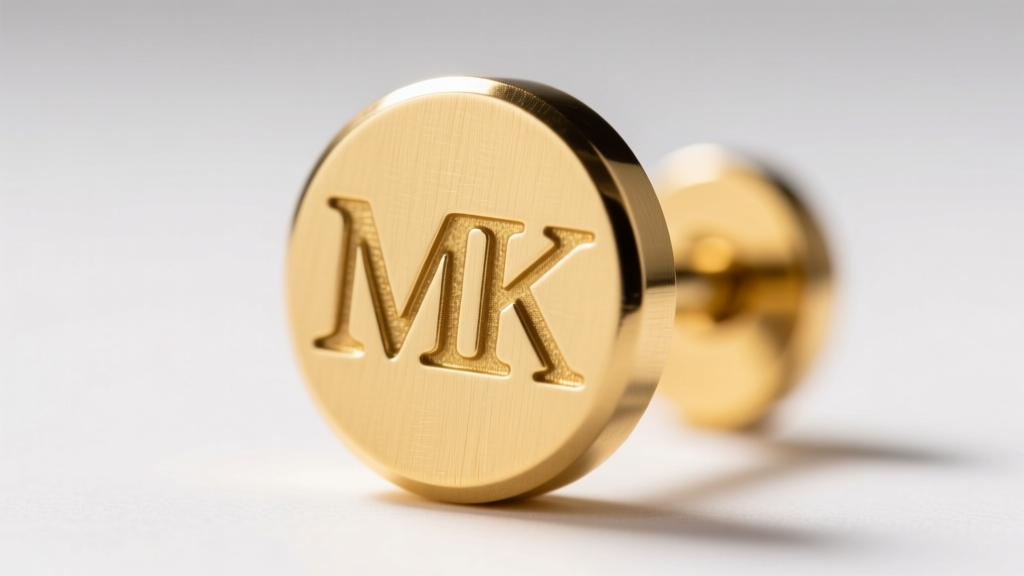 Macro close-up of a stamped MK logo on the back of a gold-plated brass earring post, showing crisp font edges and metal texture.