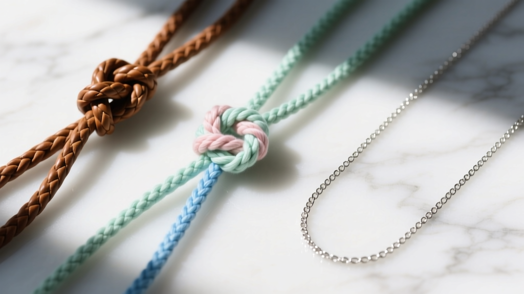 Flat lay of three slide necklace knots on marble: a braided leather cord, a pastel macrame thread, and a delicate silver chain
