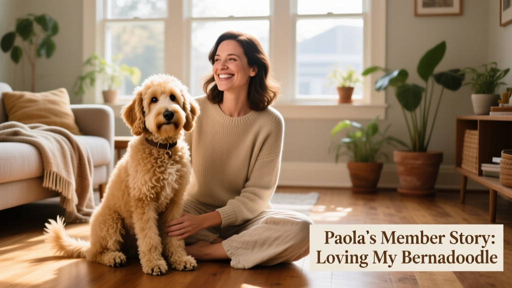 Paola smiling beside a friendly Bernadoodle in a sunlit living room