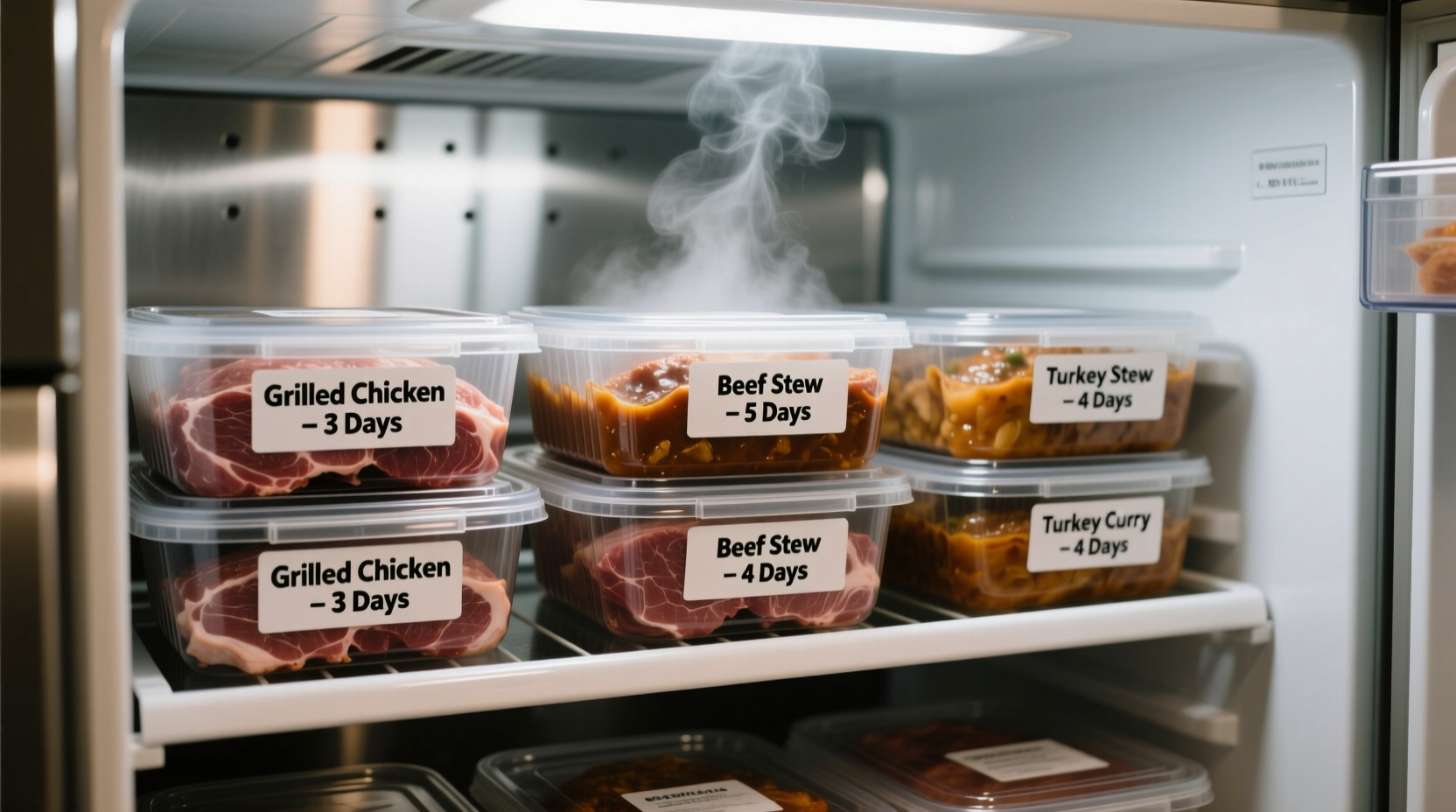 Properly stored cooked meat in labeled airtight containers in refrigerator