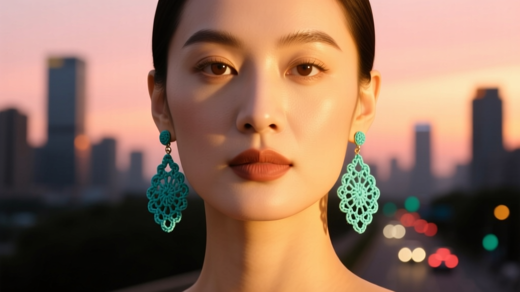 Profile of woman wearing teal micro crochet drop earrings, blurred city background, golden hour light illuminating her jawline.