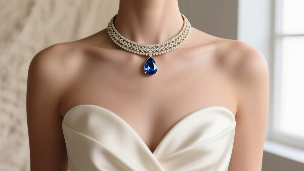 Close-up of a sweetheart neckline dress styled with a delicate 14k white gold choker featuring a pear-shaped sapphire centerpiece