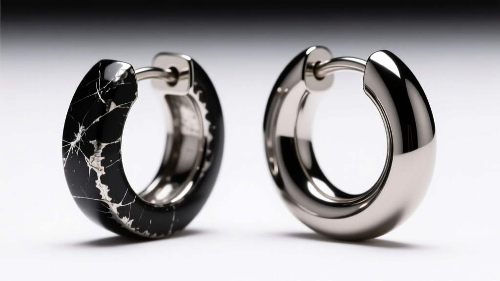 Comparison of a scratched black rhodium earring and a pristine PVD gunmetal titanium huggie hoop under bright studio lights