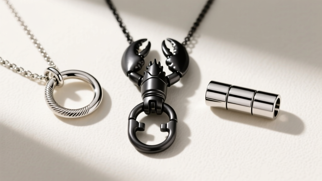 Layout of three necklace clasps: a standard spring ring, a heavy-duty lobster claw, and a neodymium magnetic tube clasp