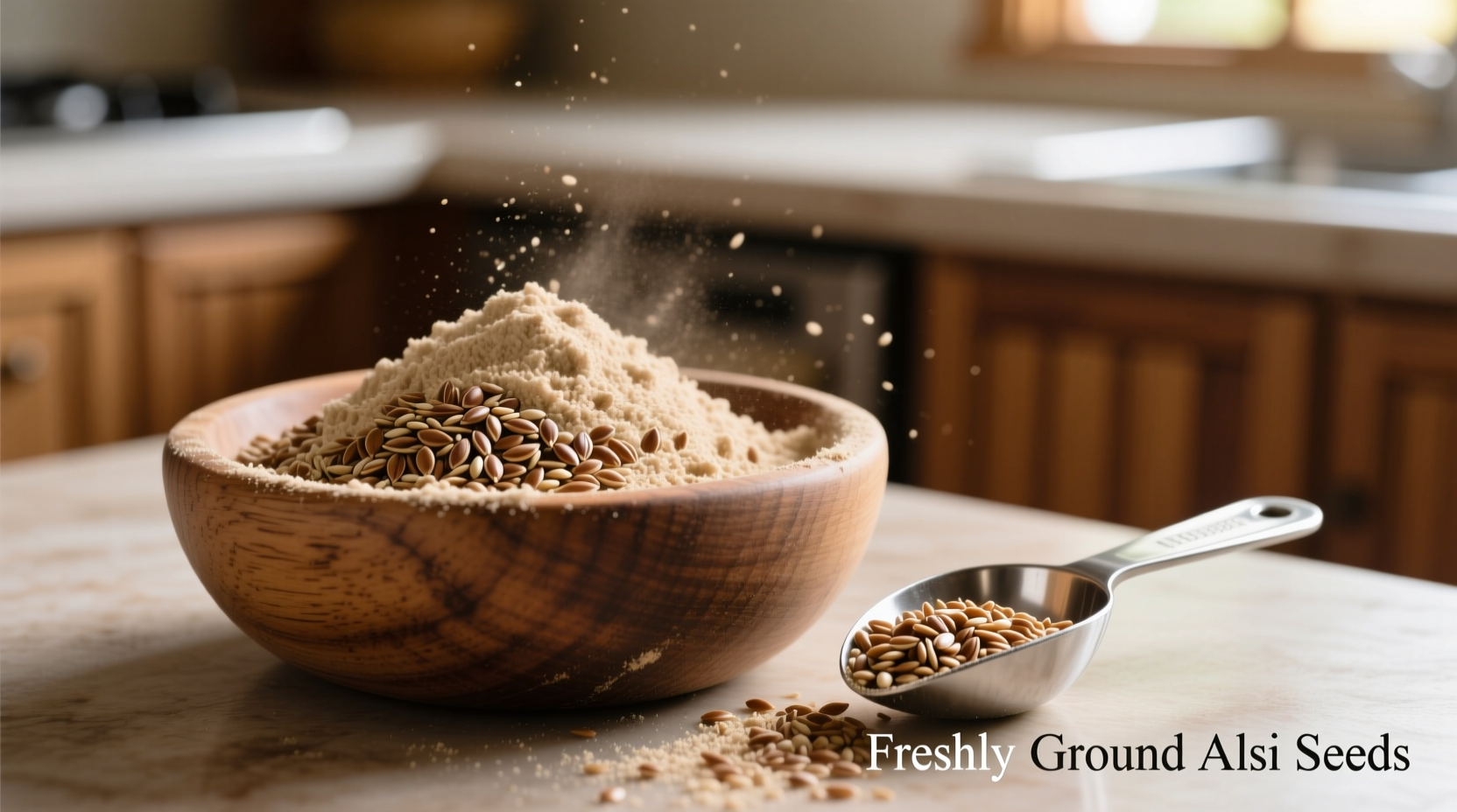 Freshly ground alsi seeds in a wooden bowl with measuring spoon