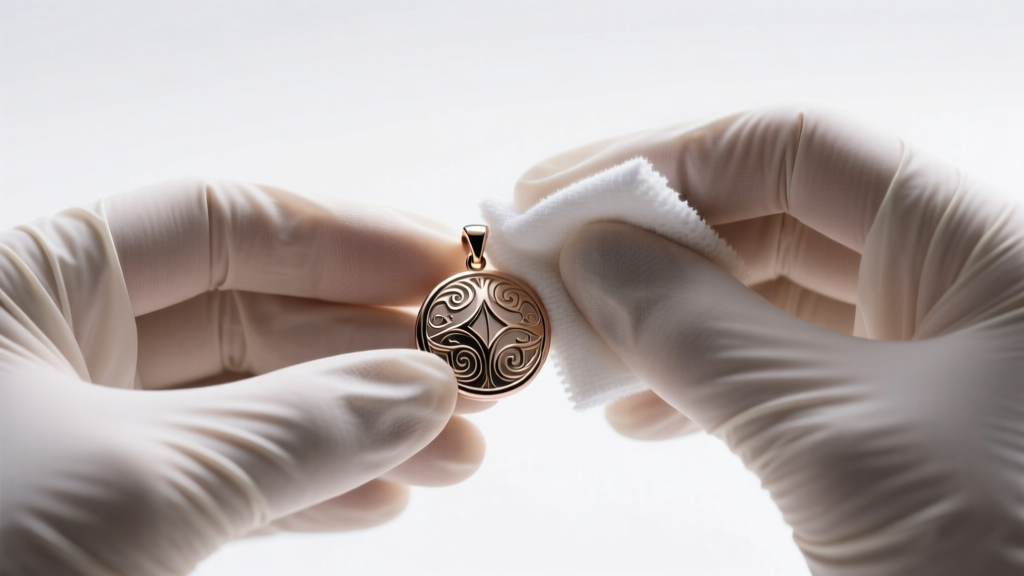 Hands wearing nitrile gloves gently wiping a zinc alloy pendant with a microfiber cloth and mild soapy solution in bright light