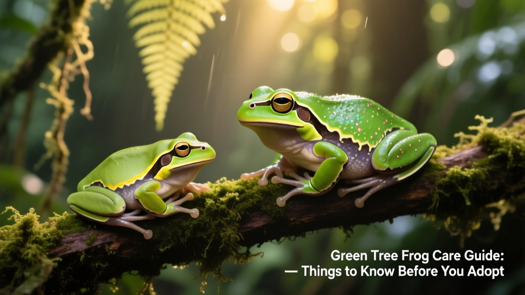 Side-by-side comparison showing male and female green tree frogs, highlighting size difference and subtle color variations