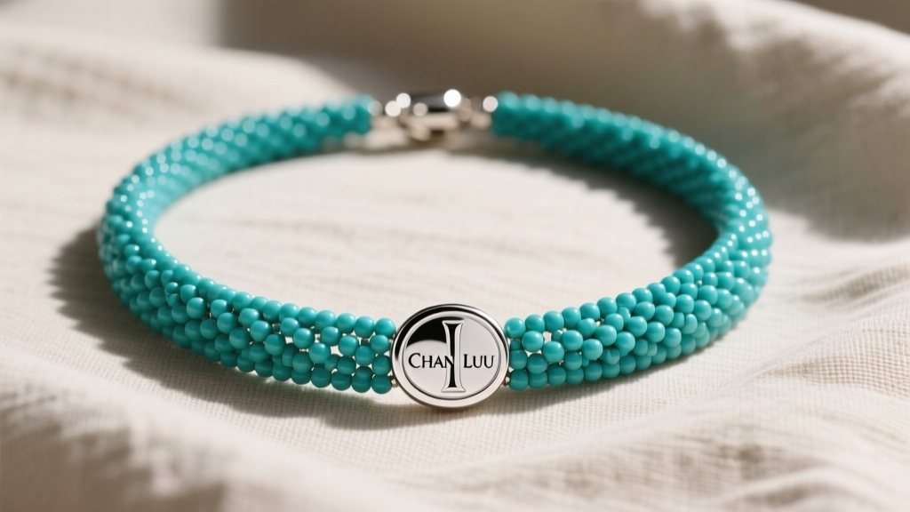 Chan Luu beaded necklace with turquoise seed beads and a sterling silver logo clasp resting on a neutral linen fabric background.