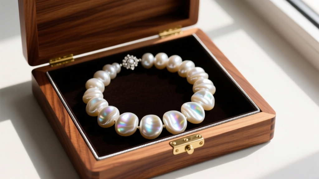 Flat lay of a mens baroque freshwater pearl necklace coiled neatly inside a cedar-lined wooden box with an anti-tarnish strip