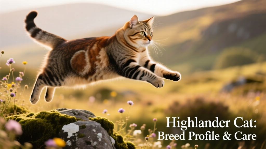 A playful Highlander cat mid-leap, showcasing its muscular build and short tail