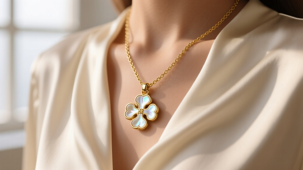 Close-up of a gold-tone brass Tory Burch necklace clover pendant with white mother-of-pearl inlay resting on a folded silk blouse.