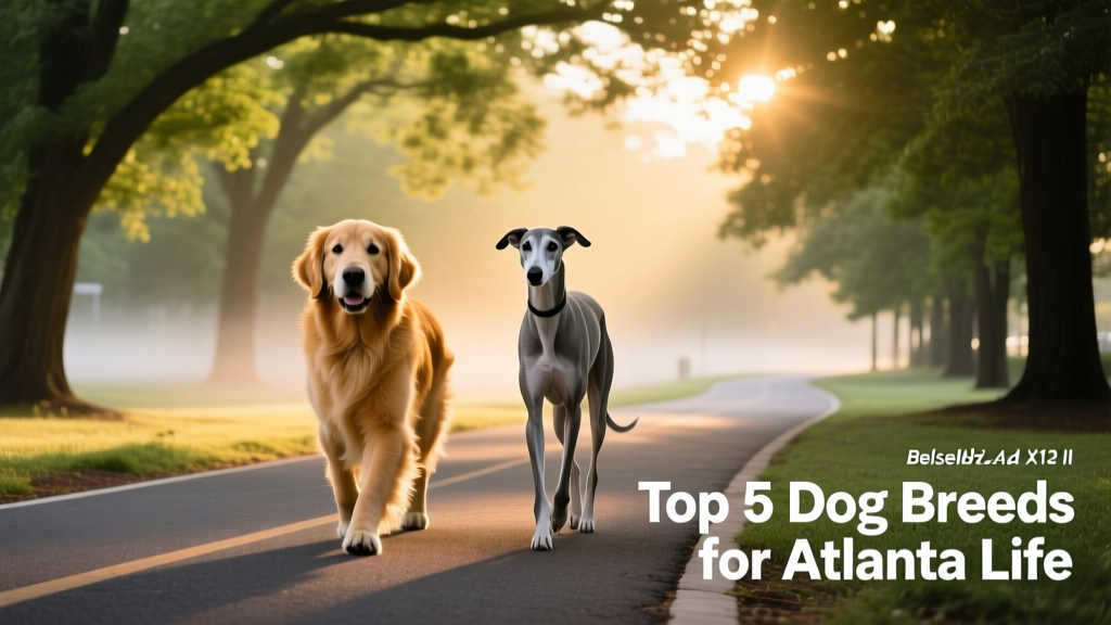 A golden retriever and a greyhound walking side by side on a shaded Beltline trail in Atlanta at sunrise