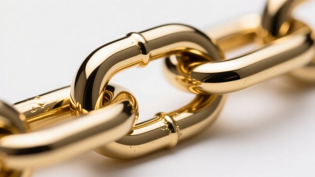Macro shot of a stainless steel chain link with PVD gold coating, showing a smooth non-porous surface under bright studio lighting