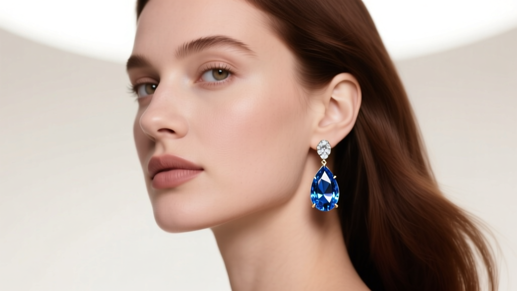 Elegant woman wearing 18-karat white gold London blue topaz teardrop earrings, soft studio lighting highlighting faceted gems