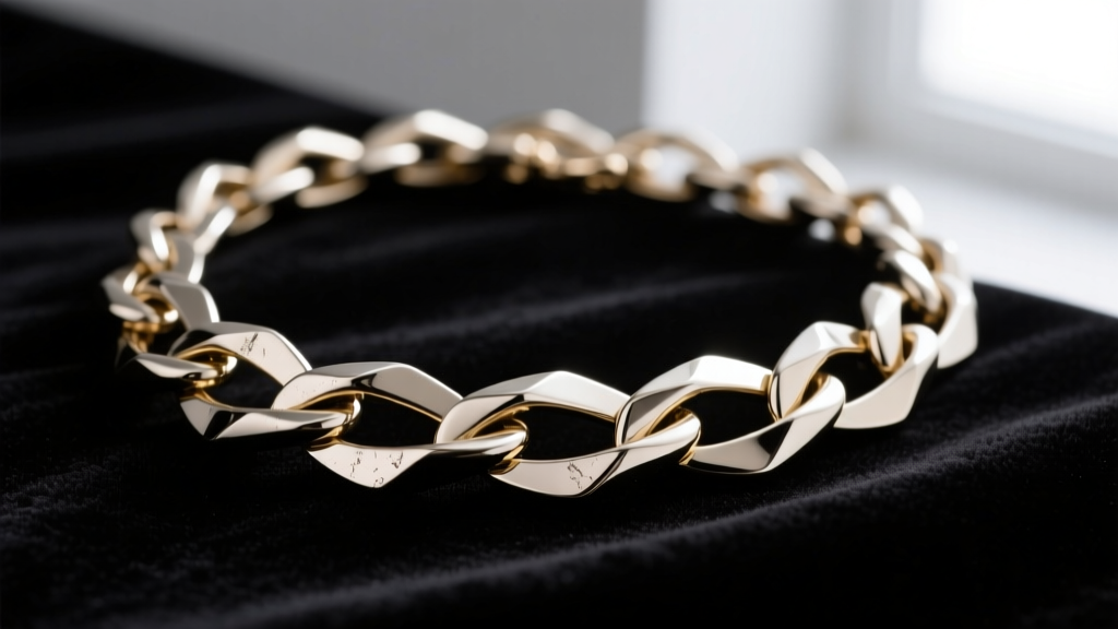 Close-up of a kinked 18k white gold omega chain necklace on dark velvet, highlighting bent metal plates and dull rhodium finish.