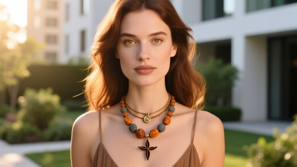 Woman wearing layered bohemian necklaces with a central dried clove amulet, matte lava stone beads, and a small brass pendant