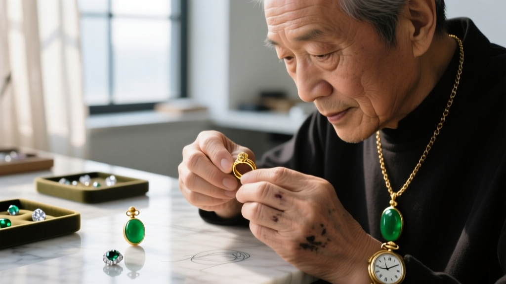 Close-up of a jeweler's loupe inspecting a gold necklace lobster clasp and jump ring for wear, illuminated by a bright LED lamp.