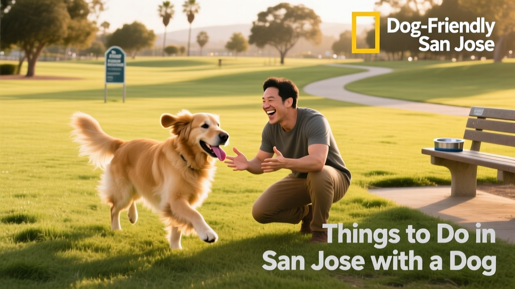 A dog and pet parent enjoying open space in a well-maintained, grassy dog park in San Jose.