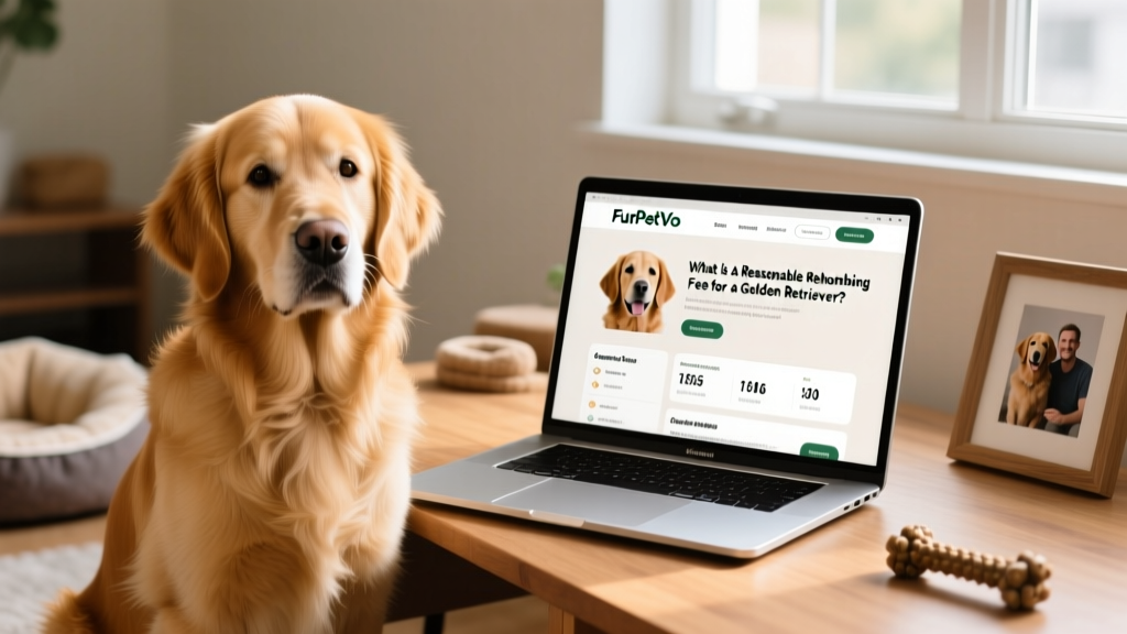 A laptop screen showing the FurPetVo website interface with a Golden Retriever profile page open