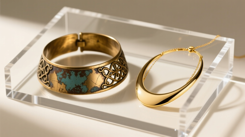 Tarnished brass statement collar next to a pristine gold vermeil necklace sealed inside a clear acrylic jewelry organizer.