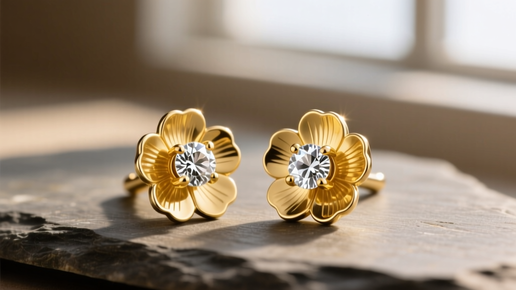 Macro view of 18k yellow gold buttercup diamond studs on slate, showing scalloped petal prongs holding a round diamond.
