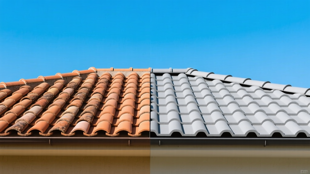 Split-view residential roof showing terracotta clay tiles on the left and interlocking gray concrete roof tiles on the right under a clear blue sky