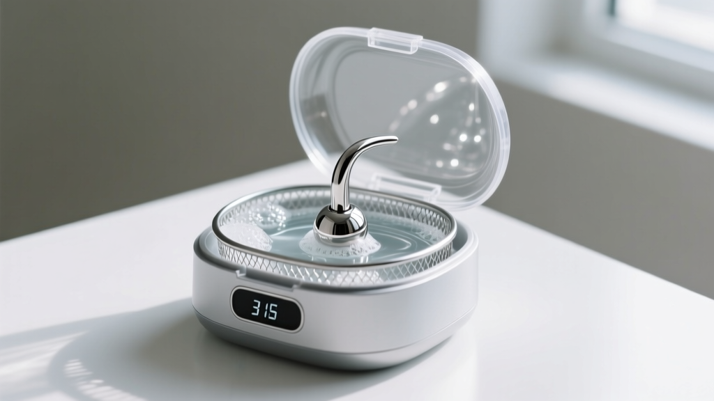 Small digital ultrasonic cleaner filled with soapy water, showing a bare 316L stainless steel septum clicker resting in the basket