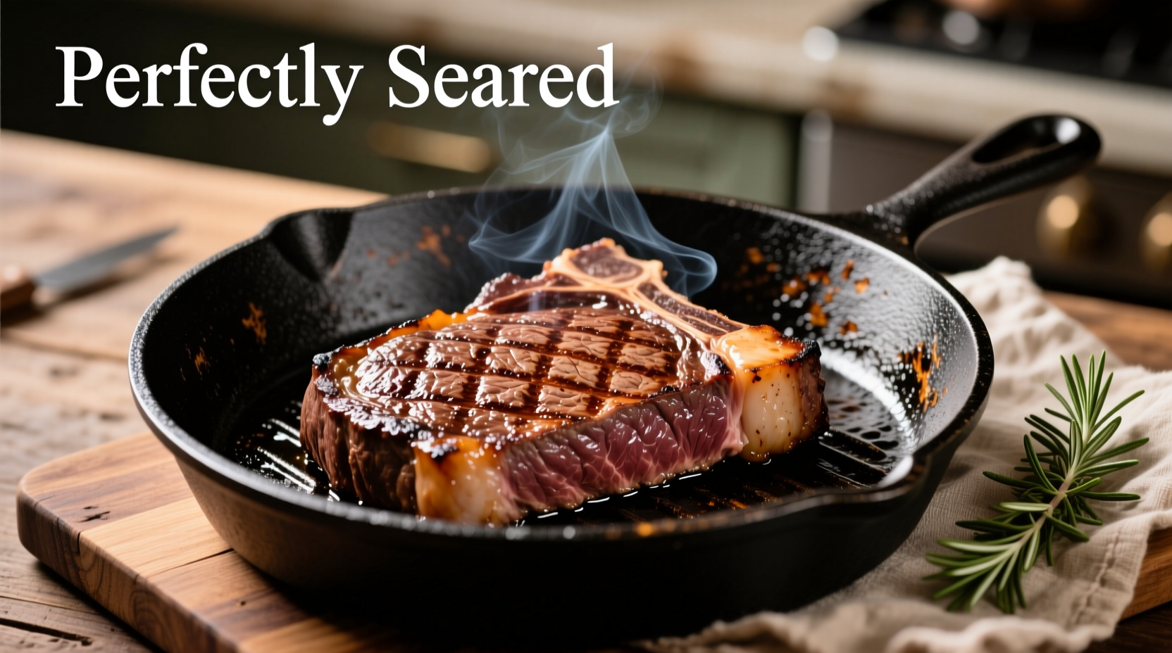 Perfectly seared flat iron steak on cast iron skillet