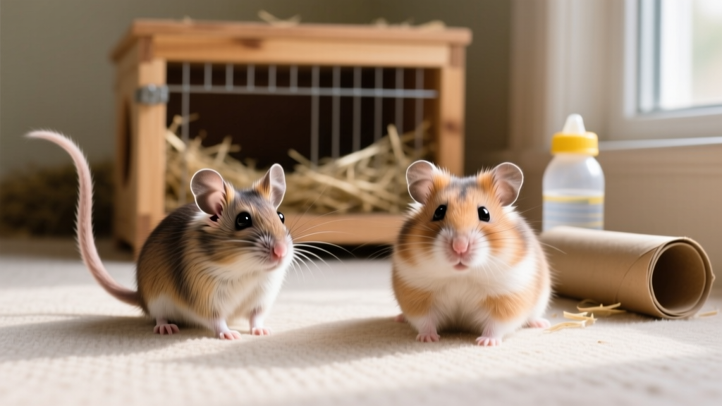Side-by-side comparison of a gerbil and a hamster on a neutral background, highlighting physical differences
