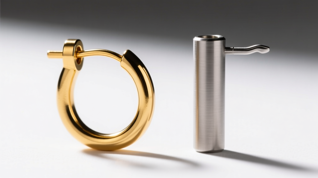 Macro photo comparing a bending 20-gauge gold earring post next to a rigid 16-gauge titanium post under heavy weight, white background