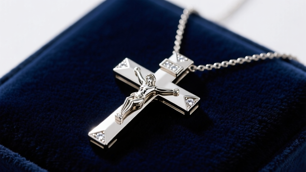 Polished 14k white gold crucifix necklace on dark navy velvet, highlighting the bright rhodium finish and sharp diamond-cut edges.