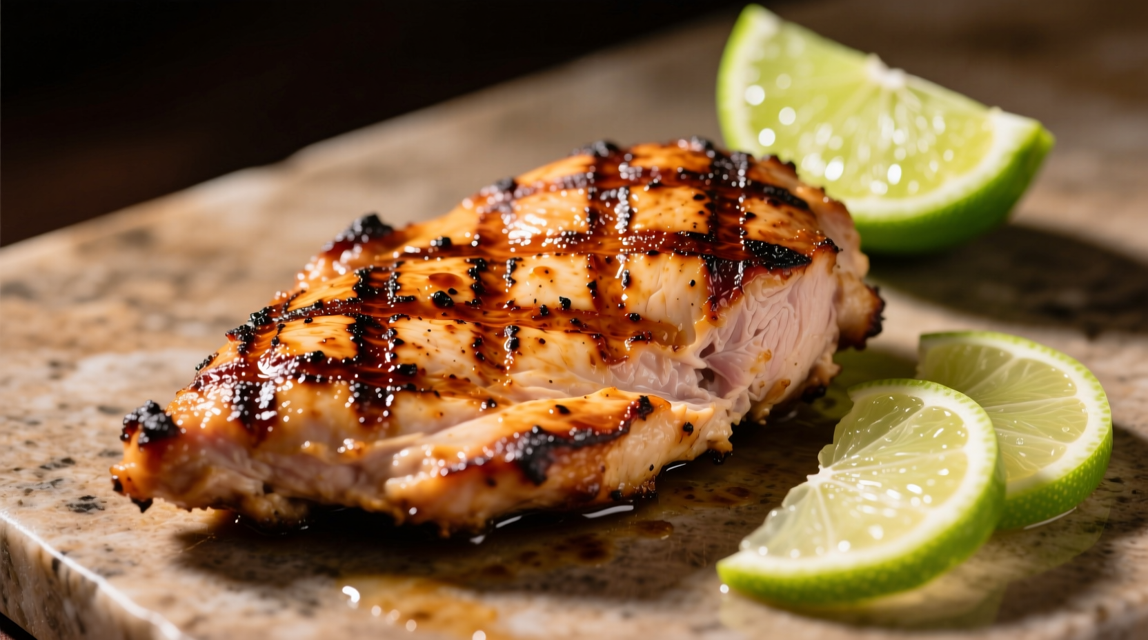 Perfectly grilled chipotle chicken with char marks and lime garnish