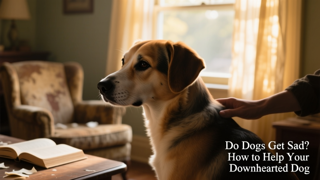 A gentle-looking dog gazing out a window, appearing thoughtful or subdued