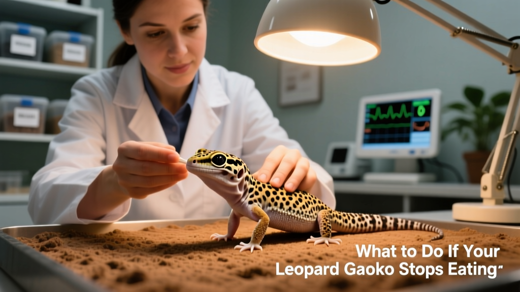 Veterinary technician gently examining a leopard gecko under a warm lamp
